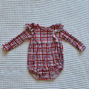Birdie Bean Red Plaid Ruffle Bubble Romper Bamboo Long Sleeve: 6-12 Months
